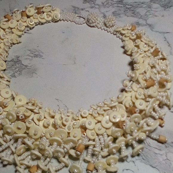 Vintage Artisan Hand Crafted Crochet MOP Ostrich Shell & Wood Beaded Necklace - Picture 9 of 12
